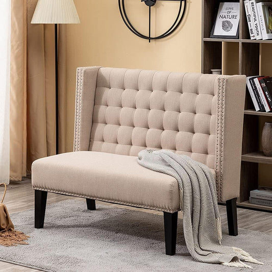 Modern Loveseat Settee Bench Sofa Couch, Upholstered Banquette Dining Bench with Back for Dining Living Room Hallway or Entryway Seating,Putty