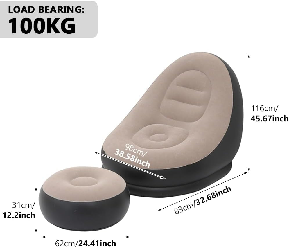 Inflatable Lounge Chair for Adults, Folding Portable Lazy Sofa with Foot Stool Lazy Flocking Recliner Chair Air Couch Sofa for Indoor Outdoor Travel Camping（No Pump）
