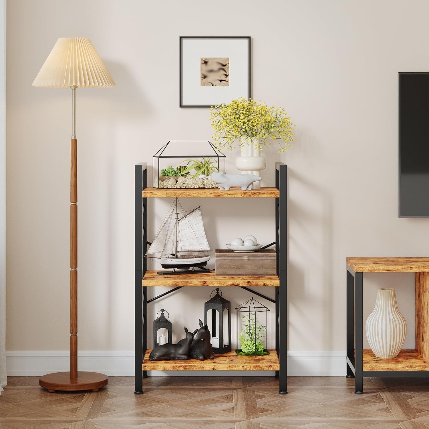 3 Tier Bookshelf, Industrial Bookcase with Metal Frame and Sidebars, Office Shelves for Small Spaces, Bedroom, Living Room, Rustic Brown