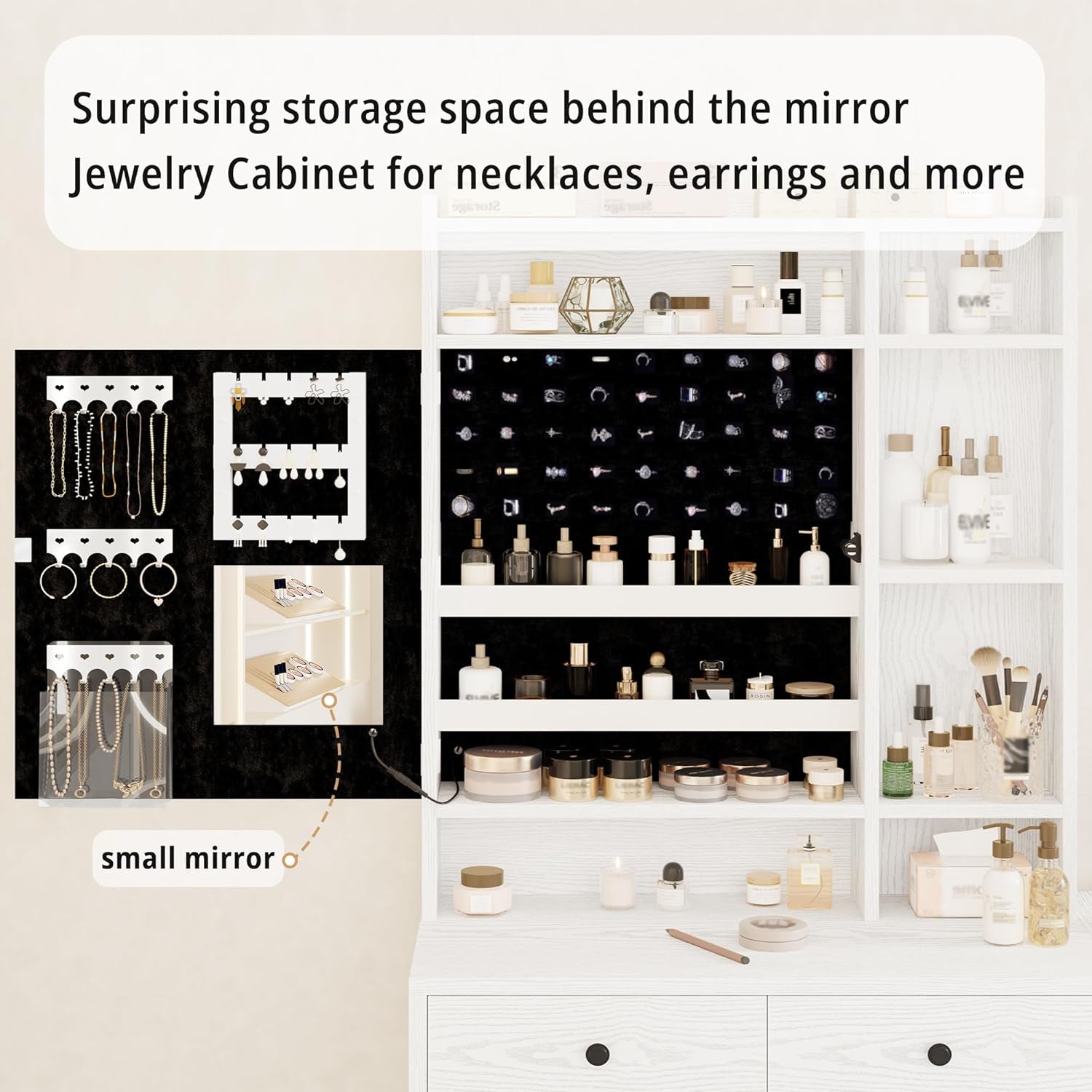 Vanity Desk with Mirror and LED Lights, Jewelry Cabinet, Makeup Dressing Table Set with Drawers, Storage Shelves, for Bedroom, 65.3 H White