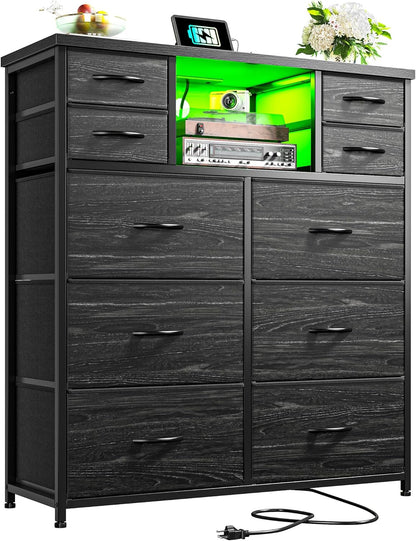 Dresser for Bedroom with 10 Drawers Featuring LED Light and Power Outlet, Fabric Dressers & Chest of Drawers with Open Shelves for Hallway, Living Room, Metal Frame,Wood Top,Grain Black