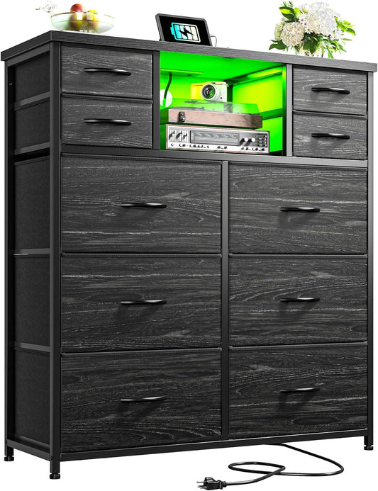 Dresser for Bedroom with 10 Drawers Featuring LED Light and Power Outlet, Fabric Dressers & Chest of Drawers with Open Shelves for Hallway, Living Room, Metal Frame,Wood Top,Grain Black