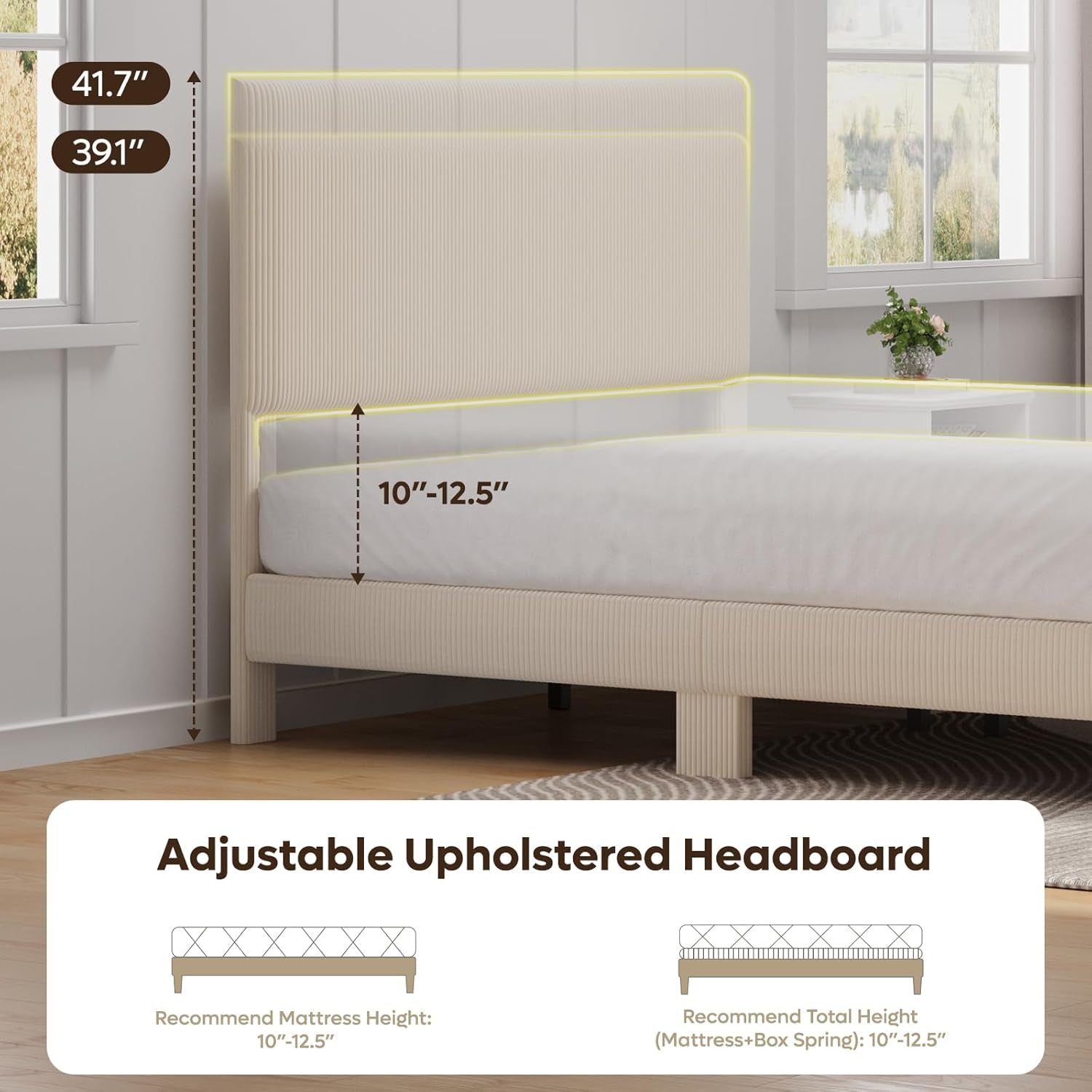 Queen Bed Frame with Adjustable Headboard, LED Lighting, Vertical Channel Tufted Corduroy Upholstered, Solid Wooden Slats Support, No Box Spring Needed, Never Squeaks, Easy Assembly, Beige