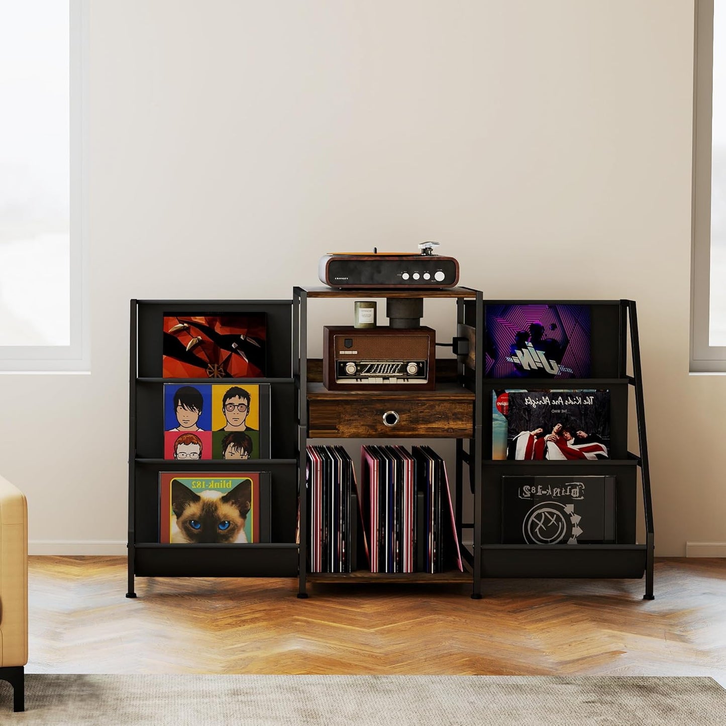 Record Player Stand, Turntable Stand W/Drawer, Oxford Cloth Vinyl Storage, 8 Adjustable Foot Pads for Stability, Record Player Table End Table for Living Room Bedroom Stereo