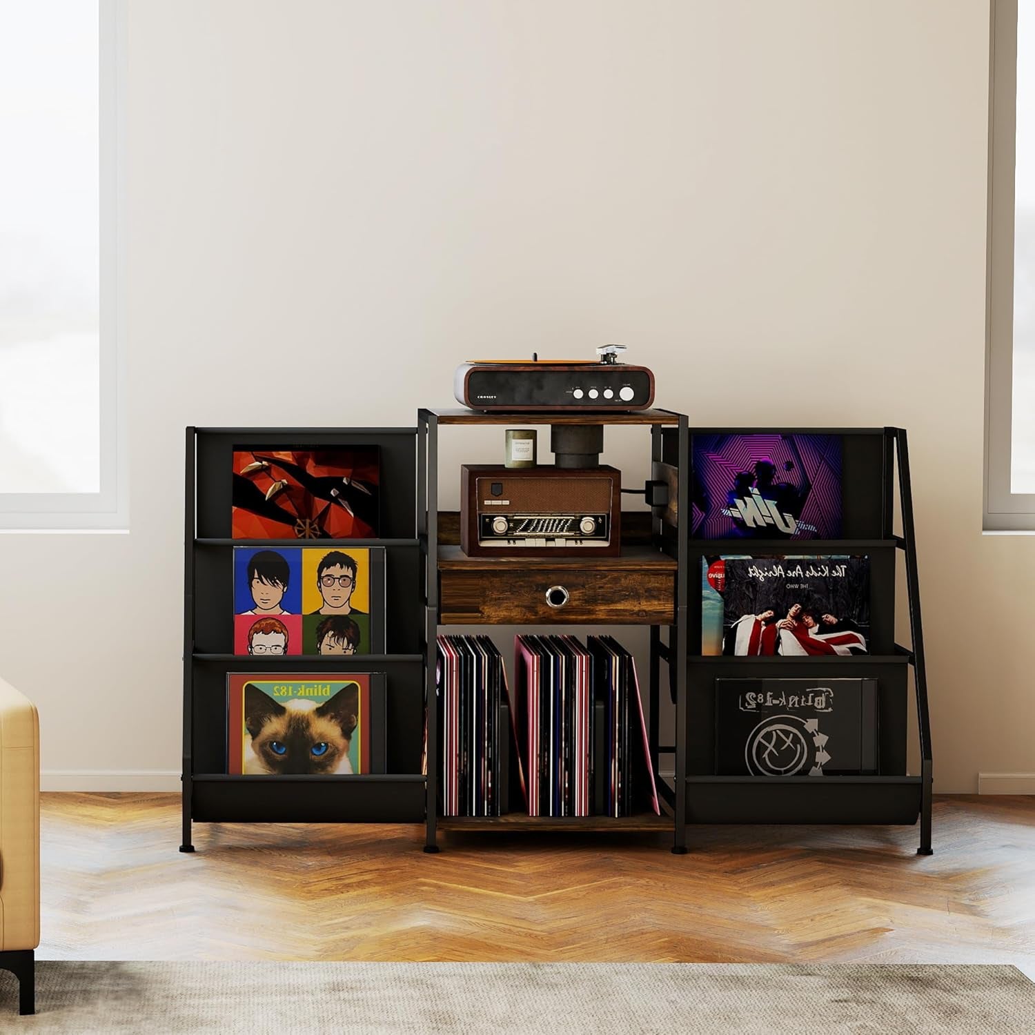 Record Player Stand, Turntable Stand W/Drawer, Oxford Cloth Vinyl Storage, 8 Adjustable Foot Pads for Stability, Record Player Table End Table for Living Room Bedroom Stereo
