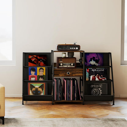 Record Player Stand, Turntable Stand W/Drawer, Oxford Cloth Vinyl Storage, 8 Adjustable Foot Pads for Stability, Record Player Table End Table for Living Room Bedroom Stereo