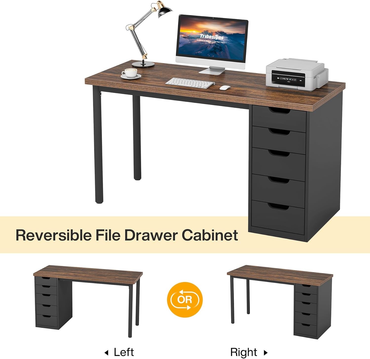 Computer Desk with 5 Drawers, 47 Inches Rustic Brown Home Office Desk with Storage, Modern Simple Laptop Desk Study Writing Table for Small Spaces (1, Brown+Black)