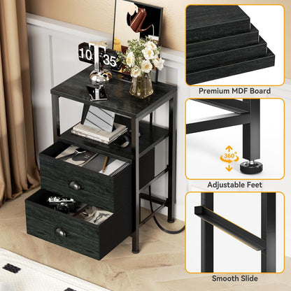 Nightstands Set of 2, End Tables with Charging Station and LED Lights, Black Night Stands with 2 Fabric Drawers, Bedside Tables Set of 2 for Living Room/Bedroom,Black Oak