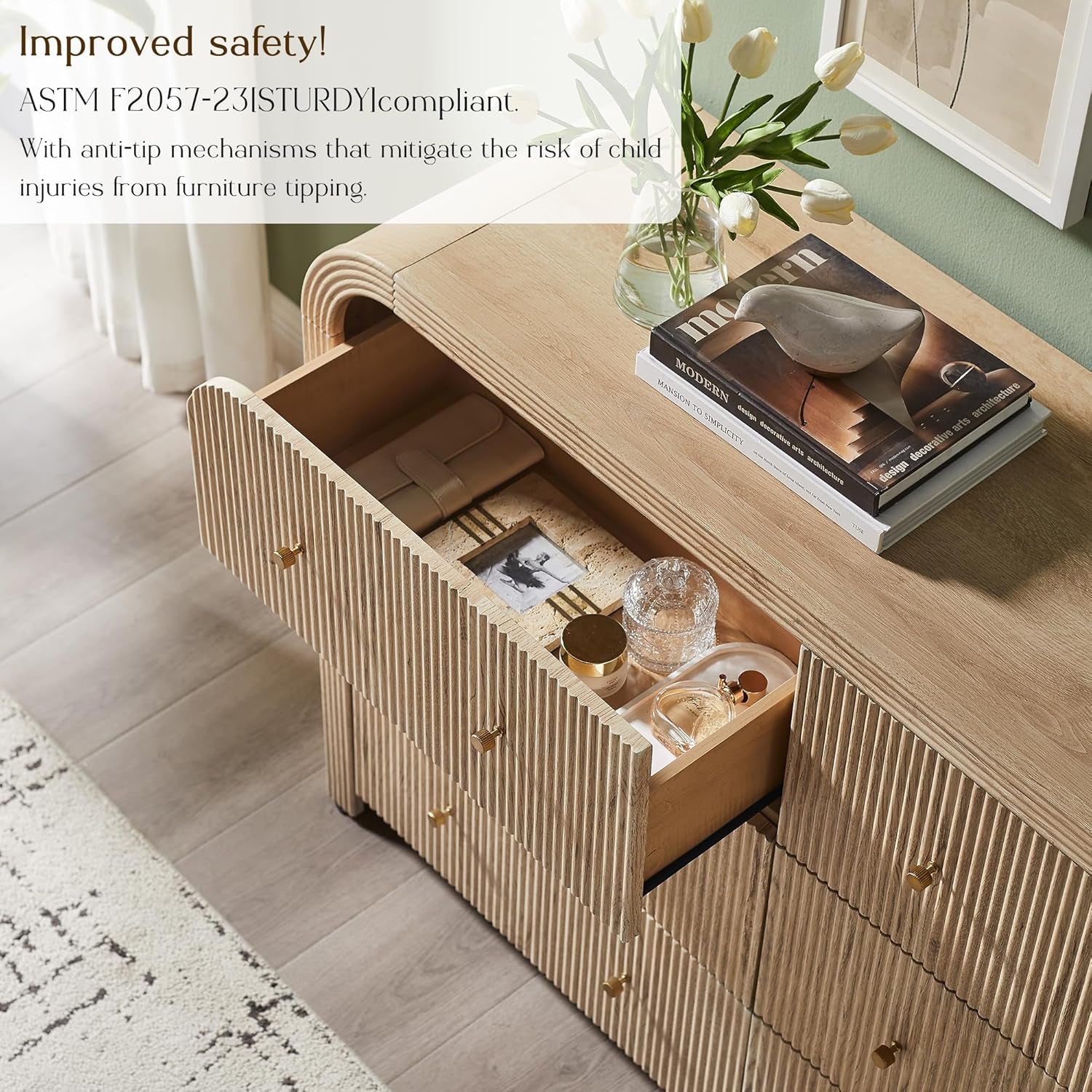 Fluted 6 Drawers Dresser for Bedroom, 54" Wide Modern Chest of Drawers with Thickened Curved Profile Design, Wood Dressers TV Stand for Bedroom, Living Room, Hallway, Natural Oak