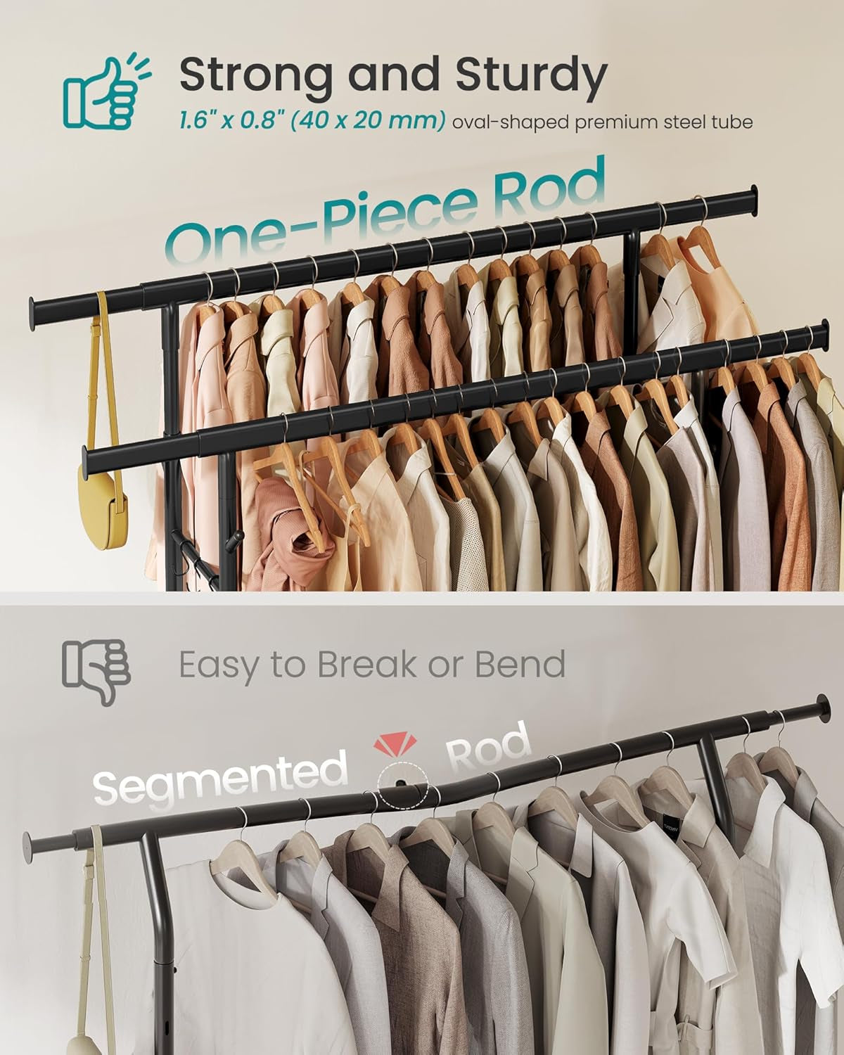 Clothes Rack, Heavy-Duty Rolling Clothing Garment Rack with Wheels, Extendable Double Hanging Rods and Adjustable Height, Portable, with Shelf and Hooks, Ink Black UHSR015B01