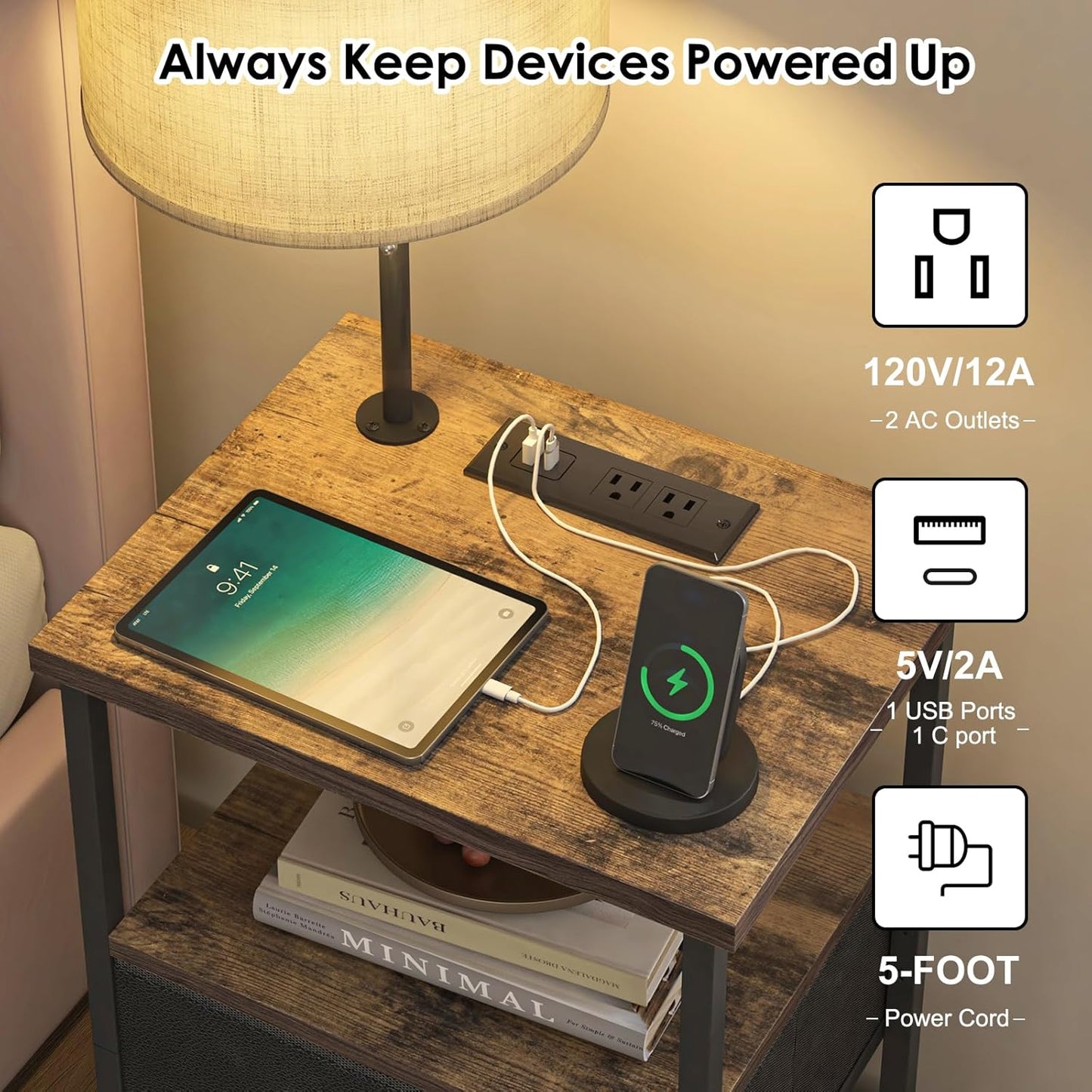 Nightstand with LED Lights Bedside Table with 3 Color Temperatures Bulb, Tall Nightstand with Charging Station End Table with Adjustable Fabric Drawer for Bedroom Dorm