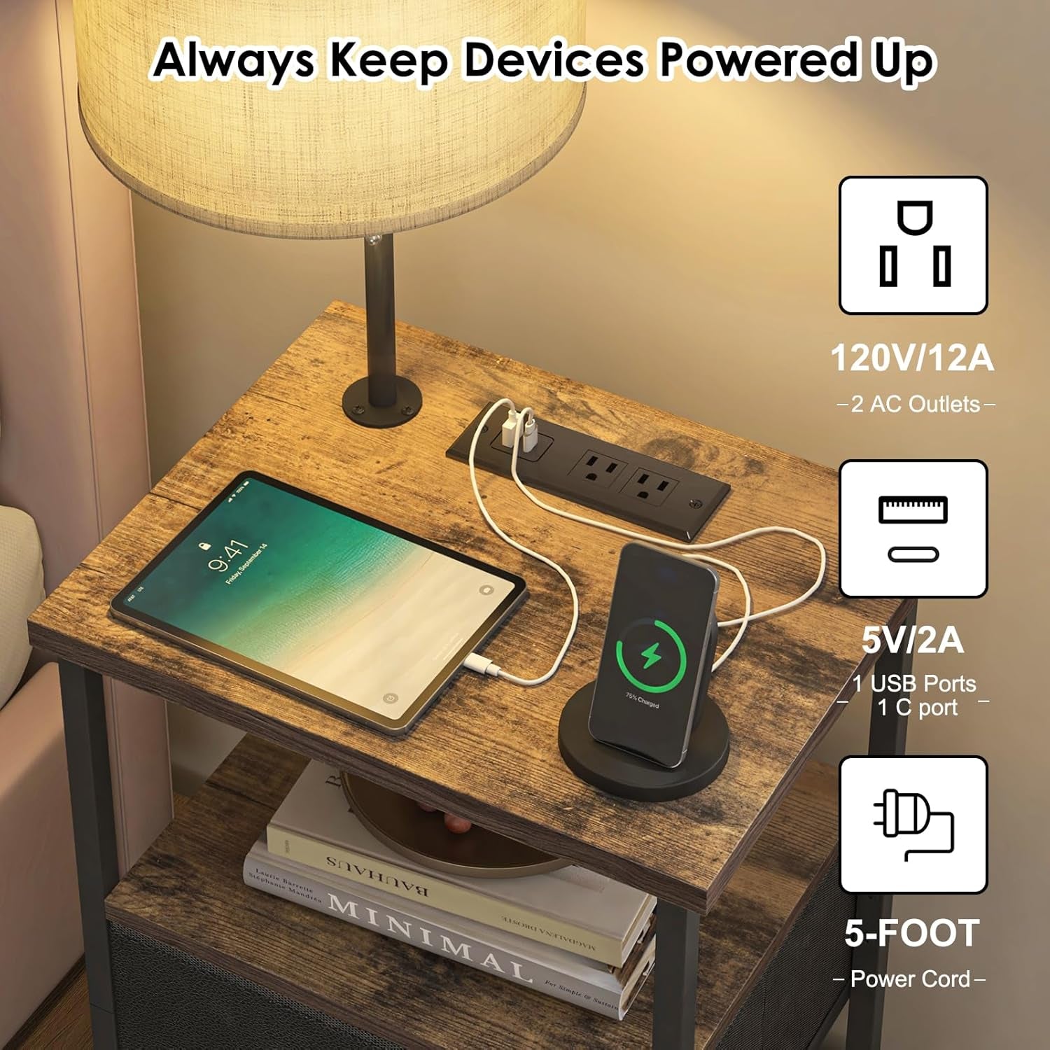 Nightstand with LED Lights Bedside Table with 3 Color Temperatures Bulb, Tall Nightstand with Charging Station End Table with Adjustable Fabric Drawer for Bedroom Dorm