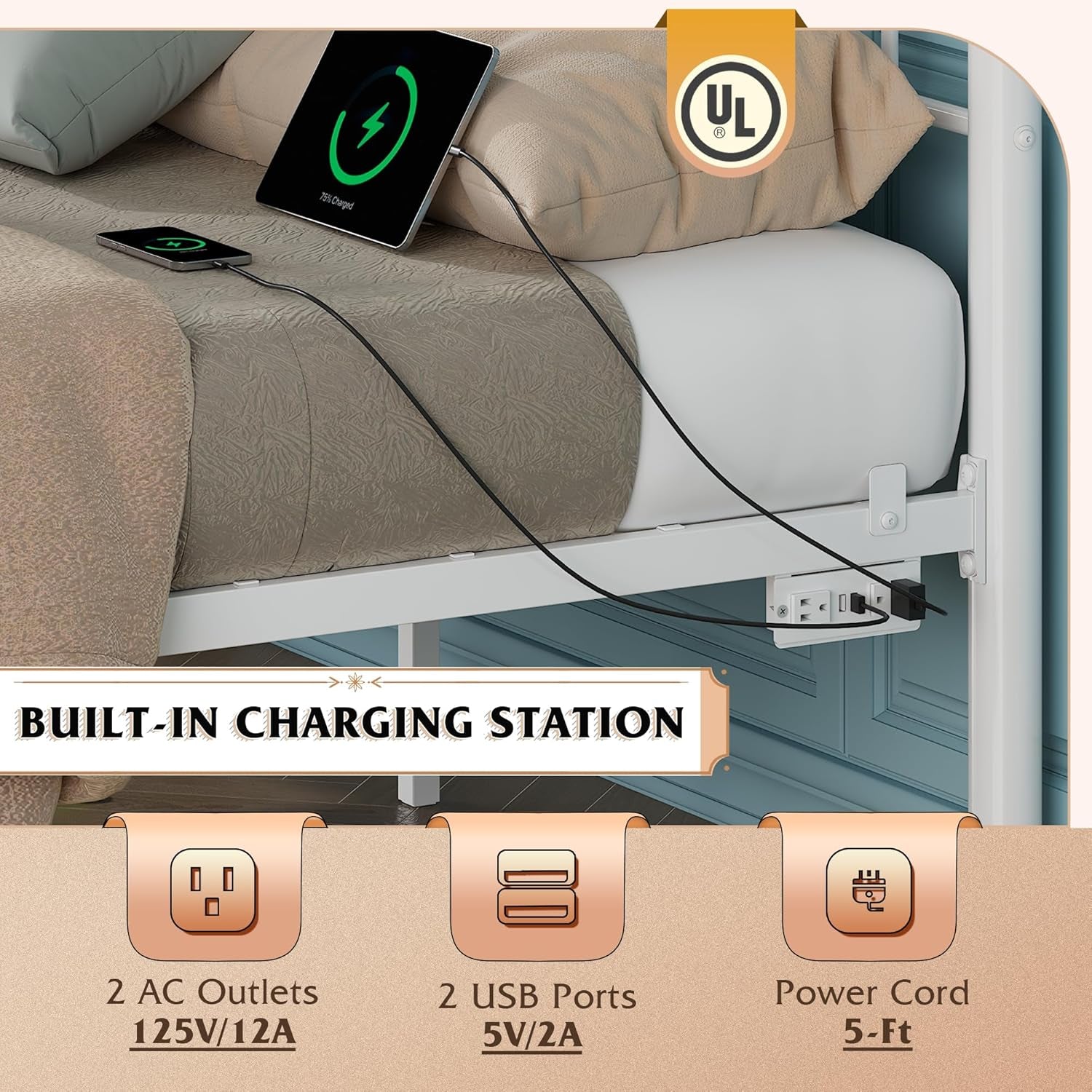 Full Size Bed Frame, Full Bed Frame with LED Lights and Charging Station, Metal Bed Frames with Headboard,No Box Spring Required,Easy Assembly, White