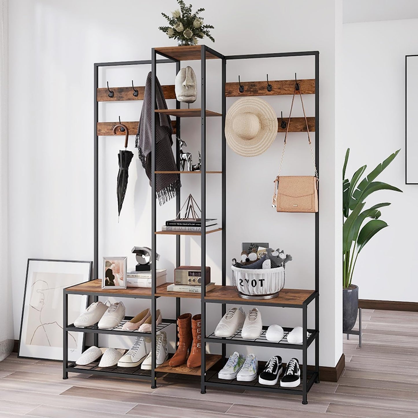 Corner Hall Tree with Shoe Rack Storage Bench Display Open Shelves Modern Industrial Entryway Coat Rack Stand for Home Living Room Mudroom Bedroom Multifunctional 5 in 1 (Rustic Brown)