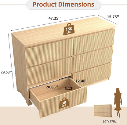 Fluted Dresser for Bedroom,48'' Modern 6 Drawer Dresser with Deep Drawer,Wide Storage Chest of Drawer,Wood Bedroom Storage Organizer Furniture for Living Room,Hallway,Closet