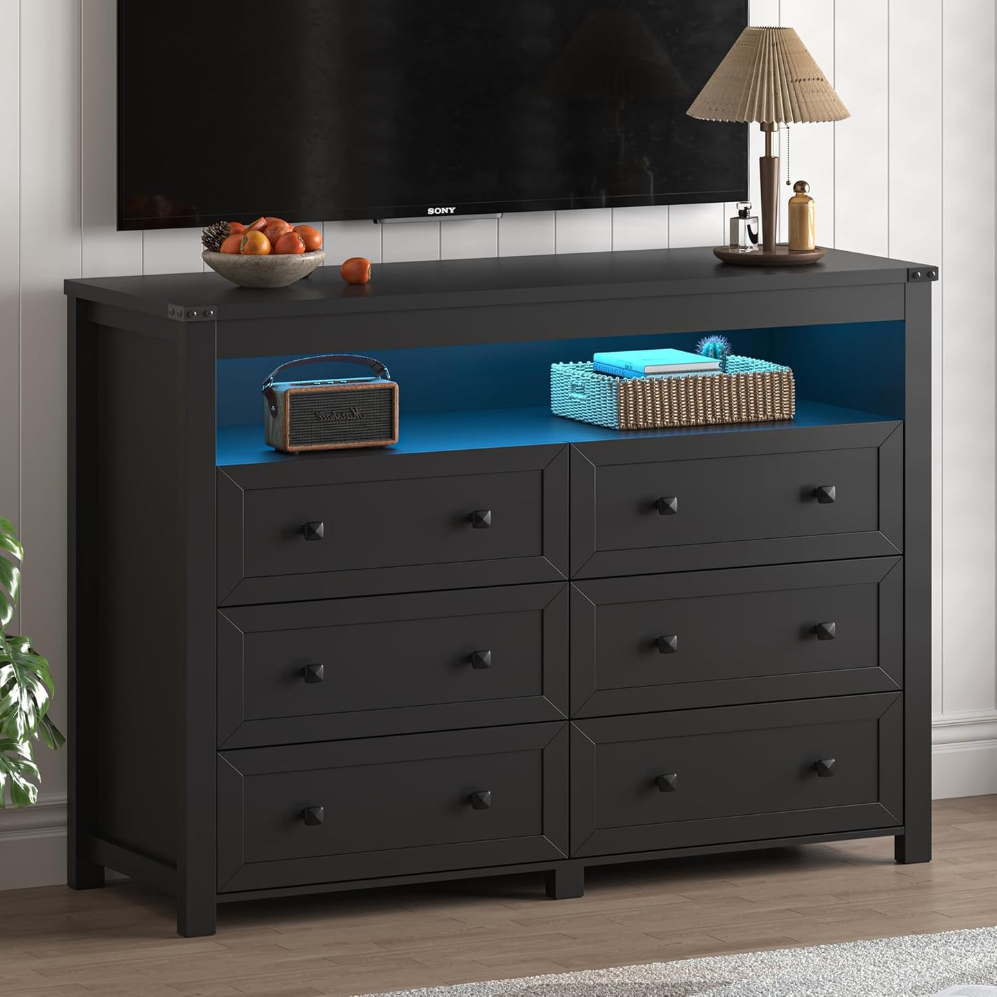 Dresser for Bedroom with 6 Drawers, Wide Chest of Drawers with LED Light and Power Outlet, Wooden Closet Organizer Clothes Storage Cabinet, Modern Double Dressers for Living Room, Hallway, Black