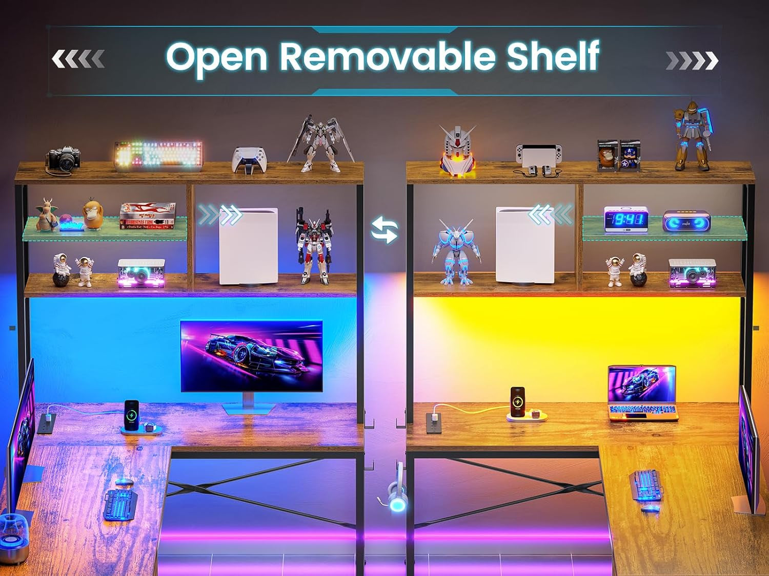 L Shaped Gaming Desk, 51.2" Reversible Small Corner Desk with Drawer, Power Outlet & LED Lights, Computer Desk with Storage Shelves for Small Space, Black