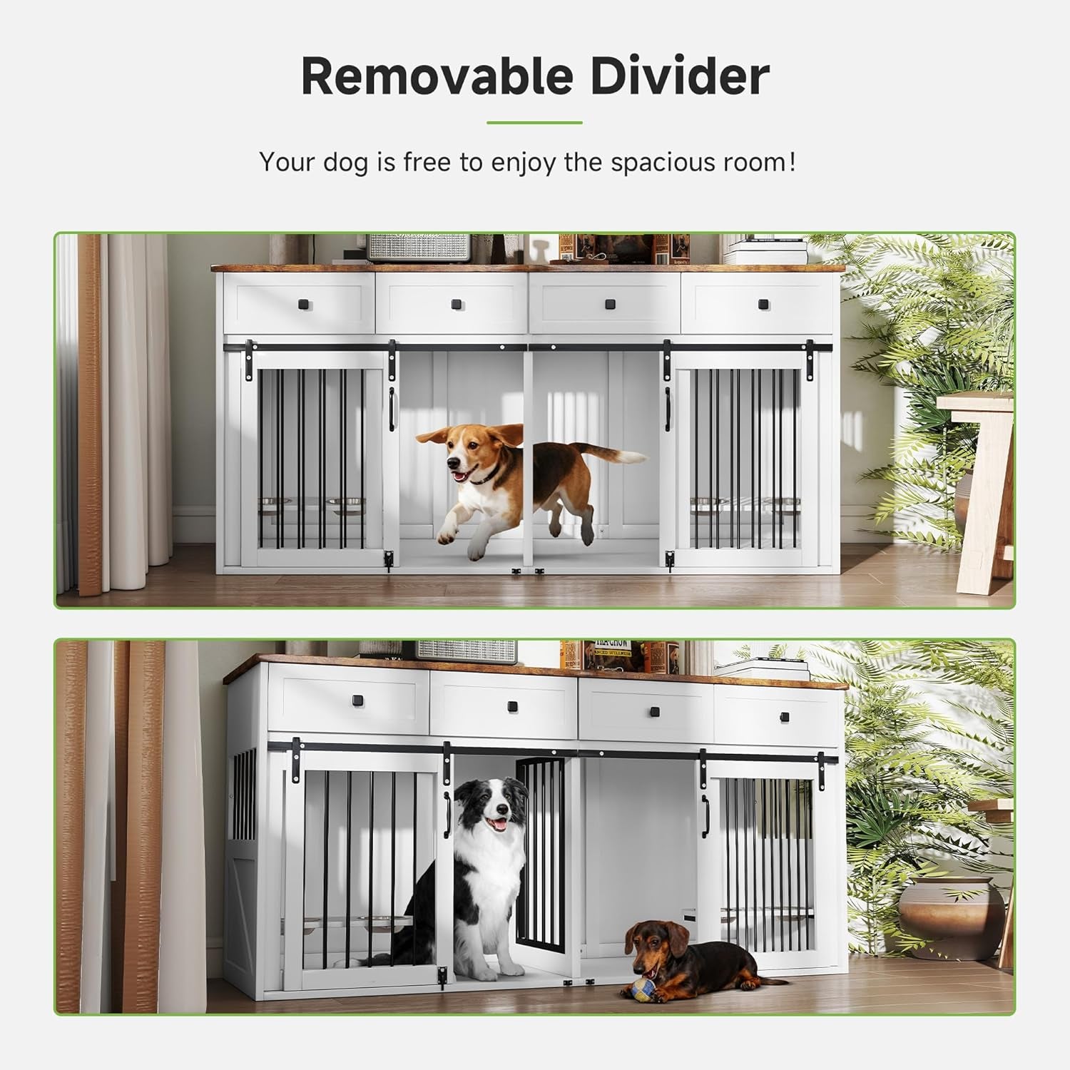 71” Large Dog Crate Furniture for 1 or 2 Dogs with Sliding Door, Heavy Duty Dog Kennel Furniture for Small/Medium Dogs with 4 Bowls, Dog Cage with Steel Frame, White