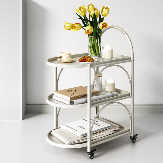 Bar Cart,Metal Serving Cart for the Home,Small Coffee Cart,Drink Cart,Beverage Cart with Lockable Wheels,Mobile Rolling Cart for Kitchen Living Room (White)