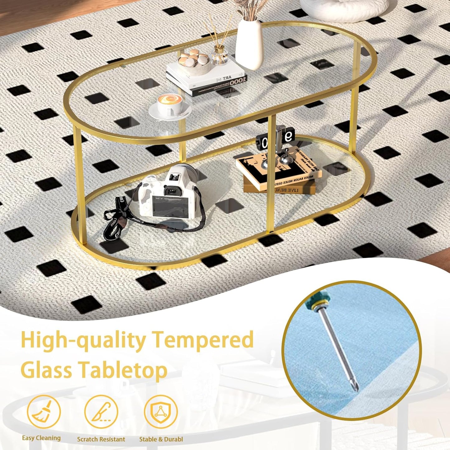 Coffee Table Gold Glass Coffee Table for Living Room,2 Tiers Oval Center Table with Sturdy Metal Frame,Modern Tempered Glass Accent Table for Bedroom Home Office