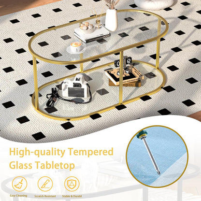 Coffee Table Gold Glass Coffee Table for Living Room,2 Tiers Oval Center Table with Sturdy Metal Frame,Modern Tempered Glass Accent Table for Bedroom Home Office