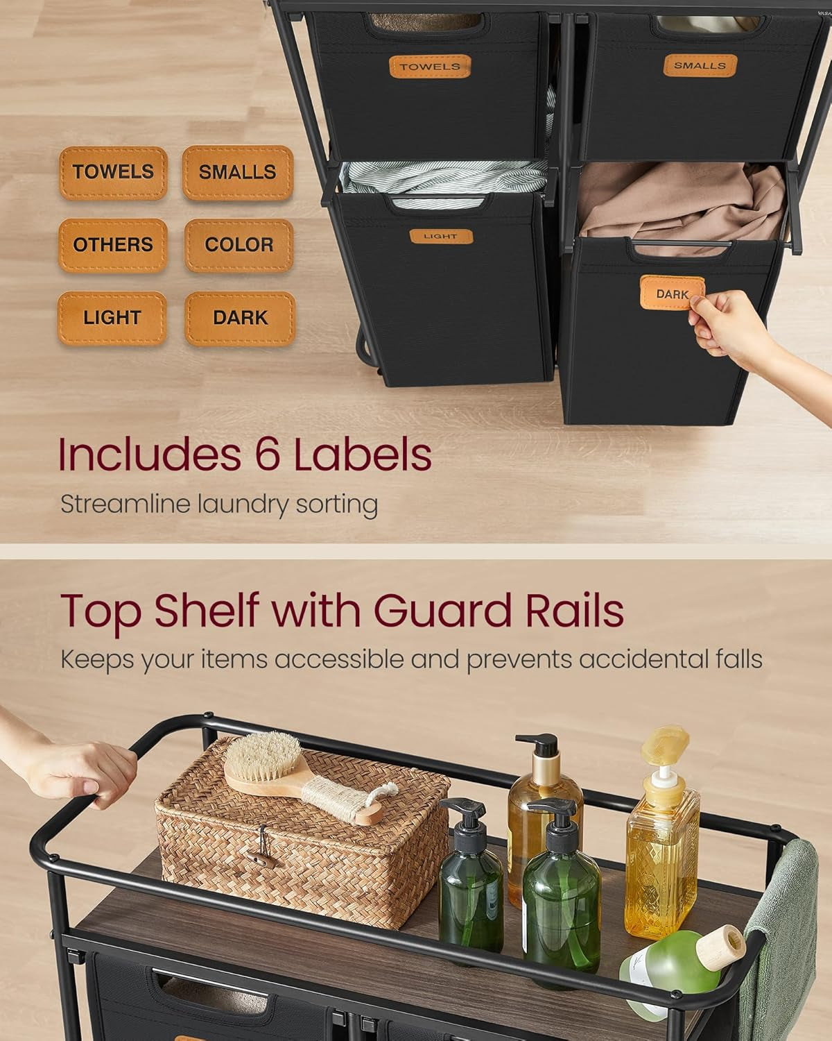 Laundry Sorter, Laundry Hamper with Wheels, 39.6 Gal. (150 L) Portable Rolling Cart Baskets with Shelf, 4 Removable Liners and 6 Labels, Ink Black and Chestnut Brown URLS100B01