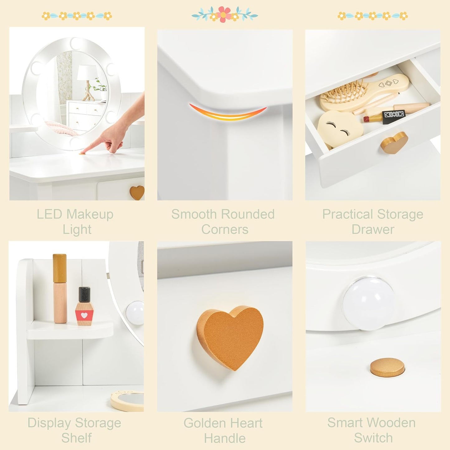 Kids Vanity, Girls Vanity Set with Mirror and Stool and Lights, Pretend Play Kids Vanity Table and Chair Set,Wooden Princess Makeup Desk Dressing Table, White