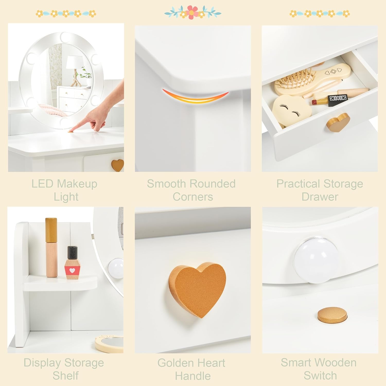 Kids Vanity, Girls Vanity Set with Mirror and Stool and Lights, Pretend Play Kids Vanity Table and Chair Set,Wooden Princess Makeup Desk Dressing Table, White