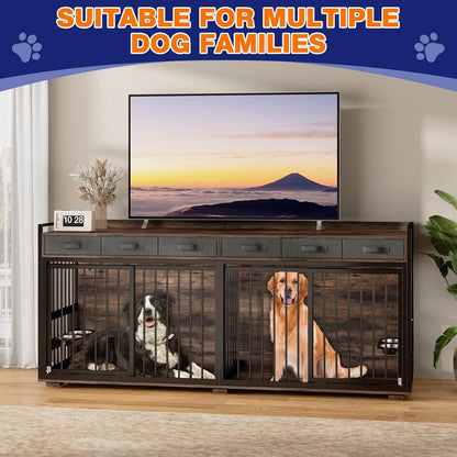 86.6" Large Dog Crate Furniture,Chew-Proof Metal Frame Wooden Double Dog Kennel TV Stand Table with Rotatable Dog Feeder Bowls and Drawers for 2 Dogs Indoor,Rustic Brown
