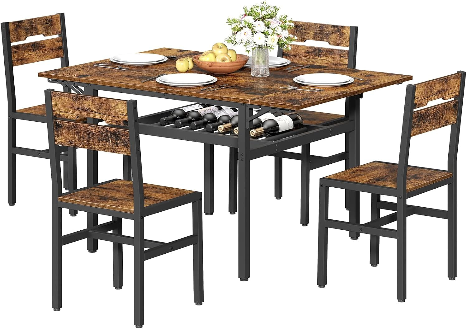Dining Table Set for 4, Extendable Kitchen Table Chairs Set with Storage,Farmhouse 5 Piece Dining Room Table Set, Foldable Tabletop for Small Space, Rustic Brown and Black