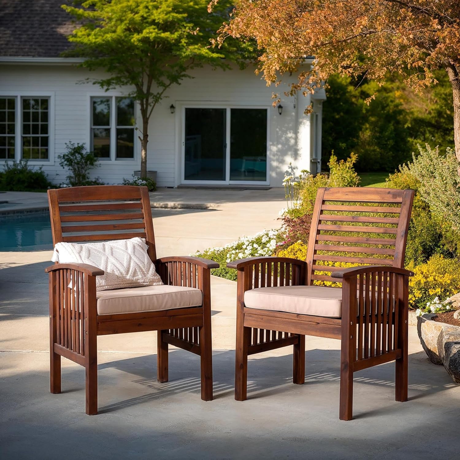 Rendezvous Modern 2 Piece Solid Acacia Wood Slat Back Outdoor Dining Chairs, Set of 2, Dark Brown