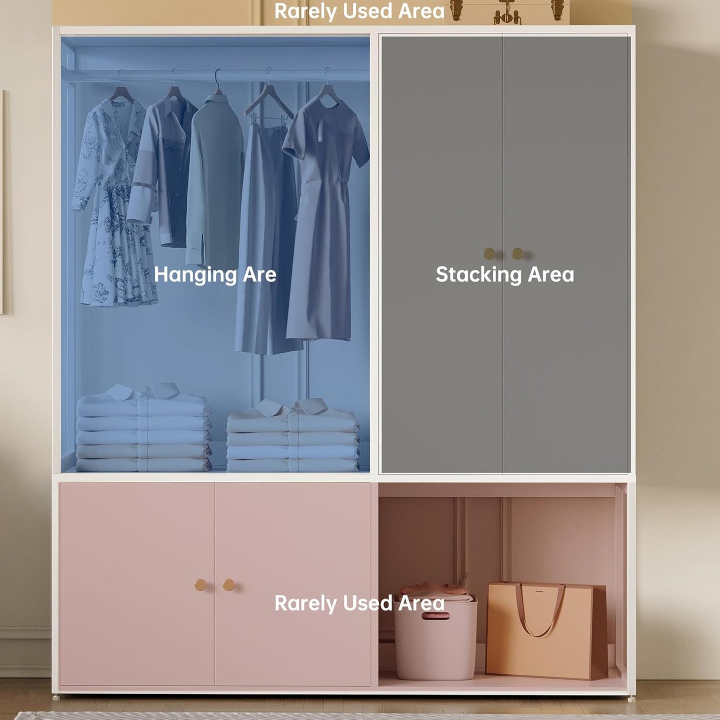 Wardrobe Closet, White Cabinet with Shelves, Large Armoire Clothing Storage with Hanging Rod for Bedroom, Living/Laundry Room