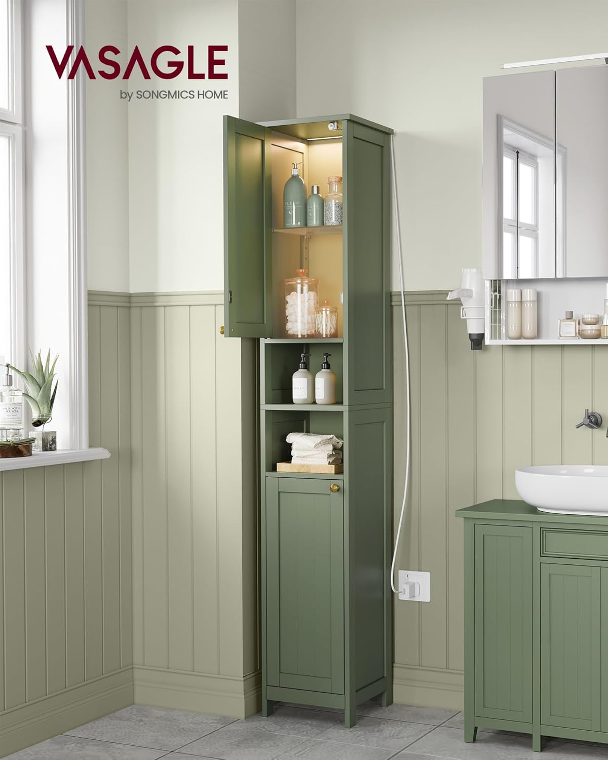 Tall Bathroom Cabinet with Lights, Slim Freestanding Bathroom Storage Cabinet with Adjustable Shelves, for Small Spaces, Modern, 11.8 Inches Wide, Dove Gray UBBC566G02
