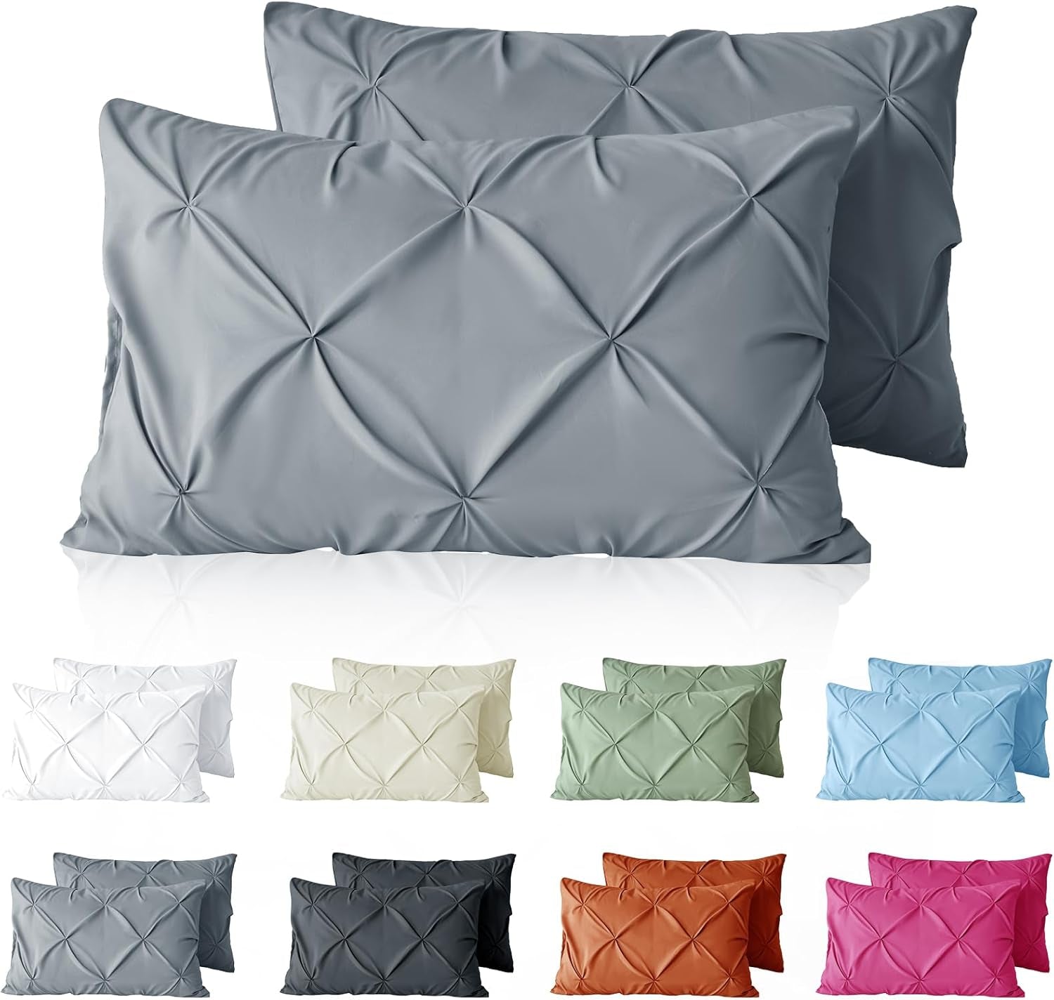 Pintuck Pillow Cases King Size Set of 2, Light Gray Pillow Shams Decorative Pillowcases with Envelope Closure, Pinch Pleated Microfiber Pillowcases, Wrinkle and Stain Resistant