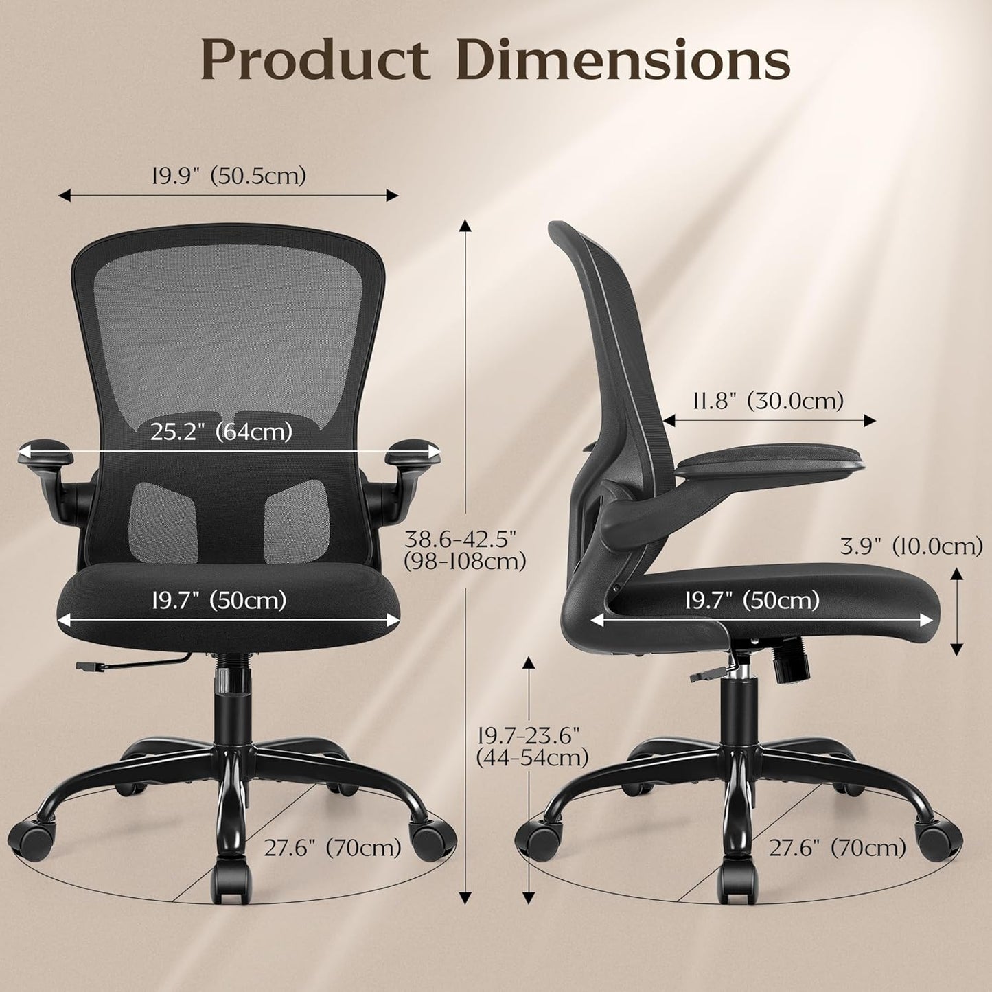 Office Desk Chairs, Ergonomic PC Desk Chair with Wheels, Adjustable Lumbar Support and Height, Swivel Computer Chair with Flip-Up Armrests, Ergo Mesh Backrest for Working (Black)