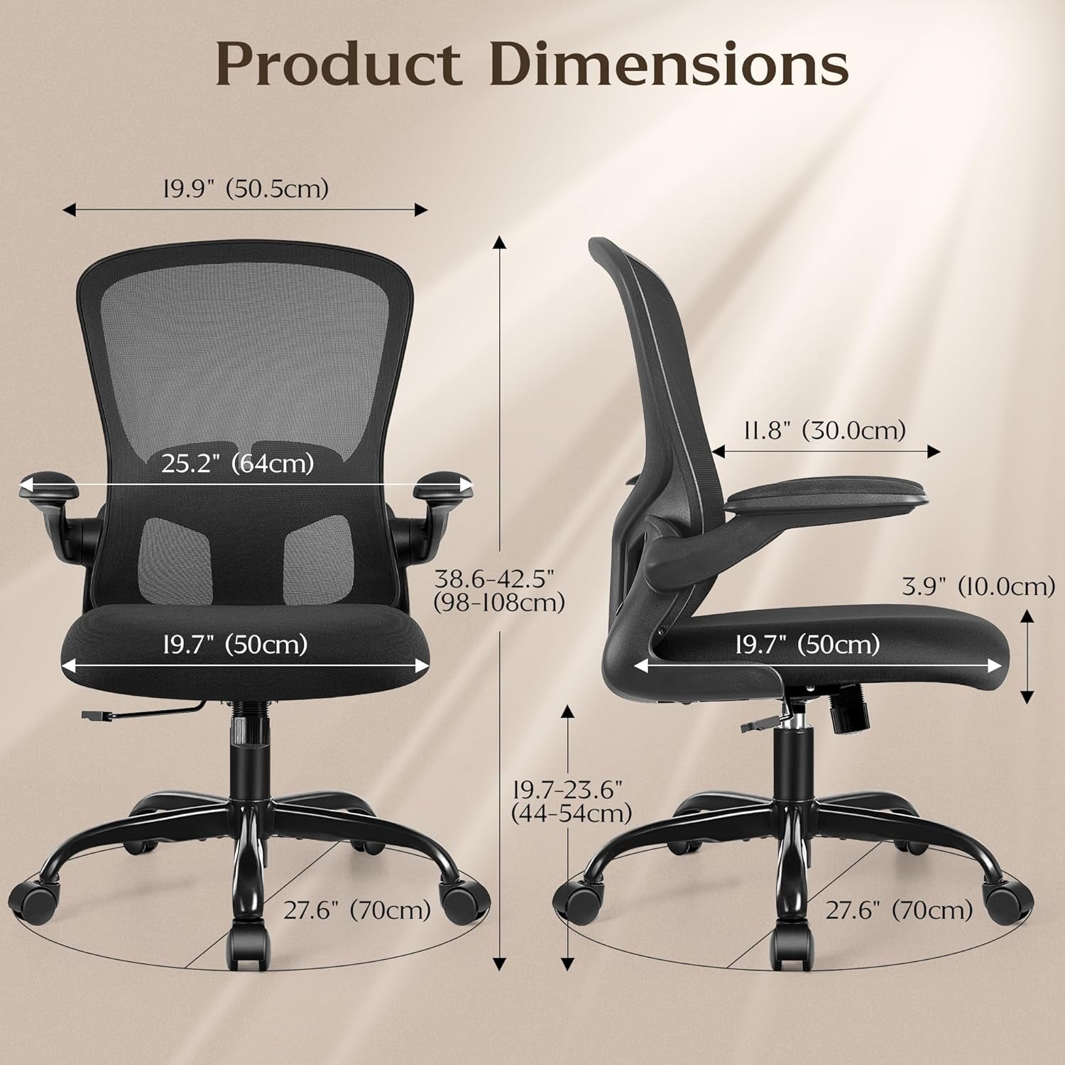 Office Desk Chairs, Ergonomic PC Desk Chair with Wheels, Adjustable Lumbar Support and Height, Swivel Computer Chair with Flip-Up Armrests, Ergo Mesh Backrest for Working (Black)