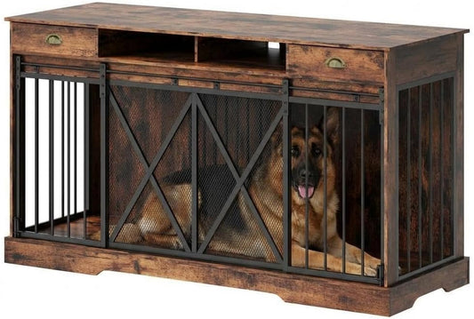 63 Inch Dog Crate Furniture, Wooden Dog Kennel Indoor with Doors, Dog Cage with Wheels, Dog House Side End Table, Heavy Duty Indoor Kennel for Medium/Large Dogs