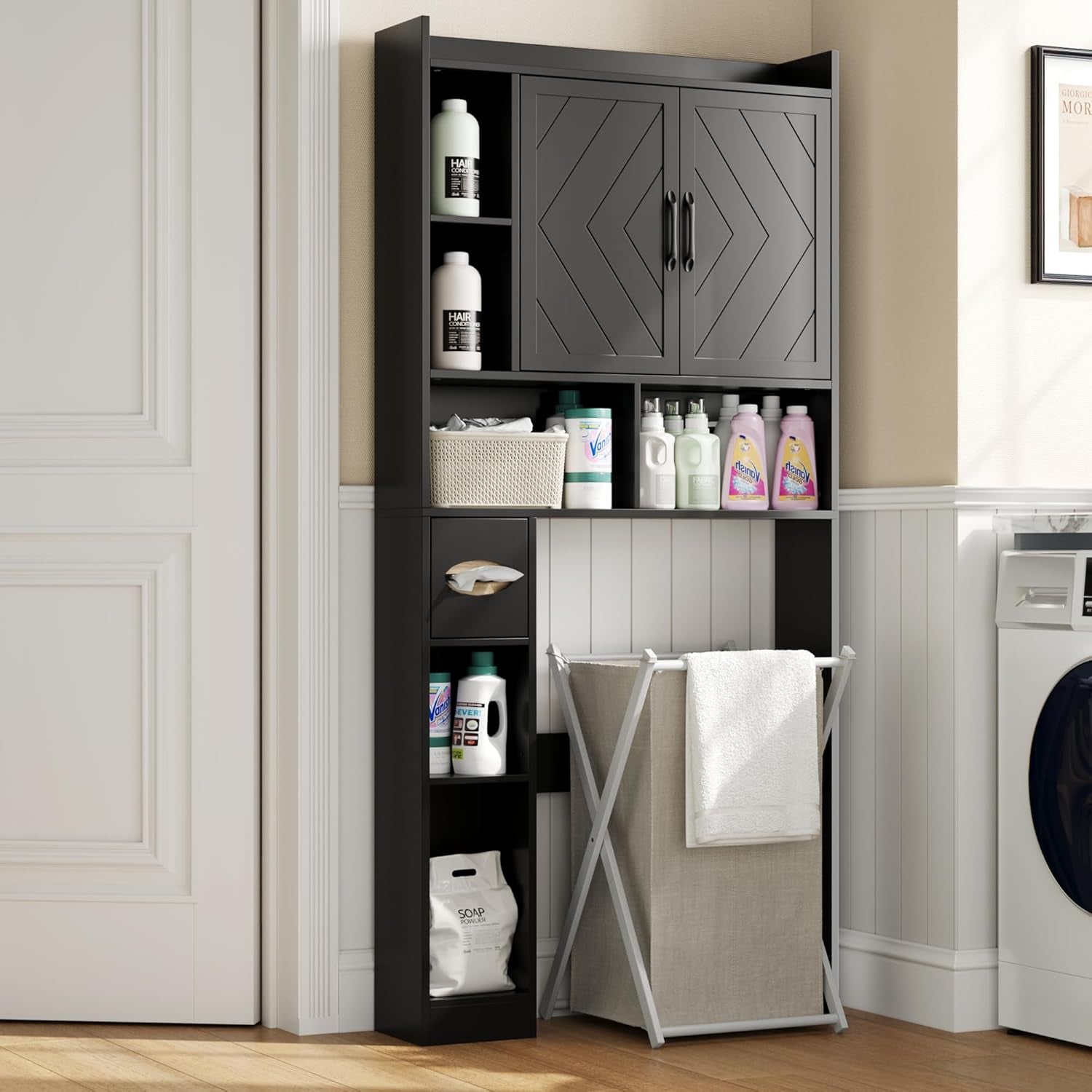 67.8" H over the Toilet Storage Cabinet with Adjustable Shelves & Toilet Paper Holder, Farmhouse over Toilet Bathroom Organizer, Double Door Toilet Cabinet for Bathroom, and Laundry, Black