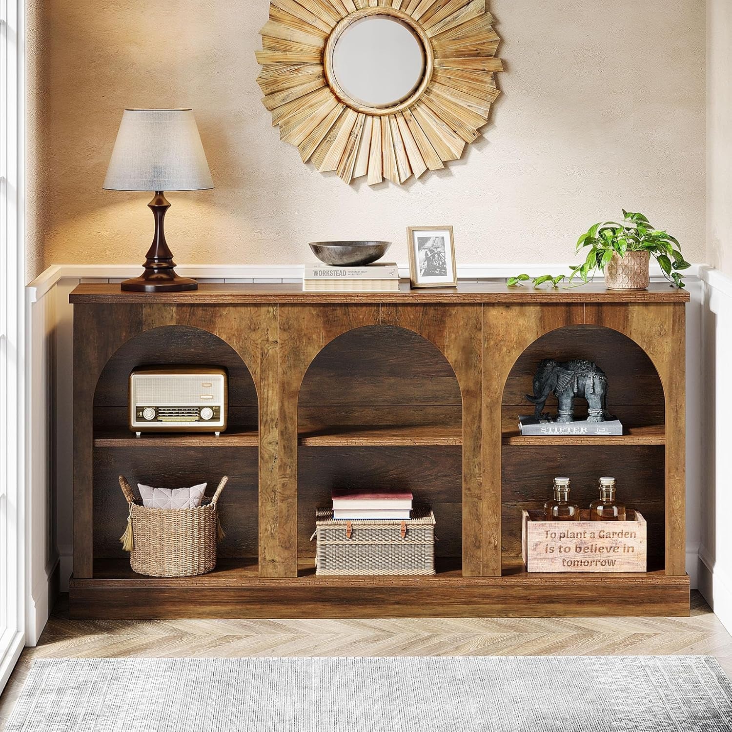 Farmhouse Console Table, 63-Inch Long Entryway Table with 3 Tier Storage, Wooden Rectangular Sofa Table behind the Couch for Entrance, Hallway, Living Room, Brown