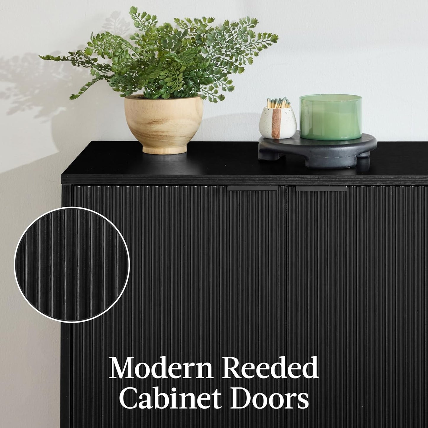 2-Door Modern Storage Cabinet, Buffet, Sideboard, Media Cabinet, Cupboard, Entryway Accent Table, Bookcase W/Reeded Panels and Adjustable Shelves – Black