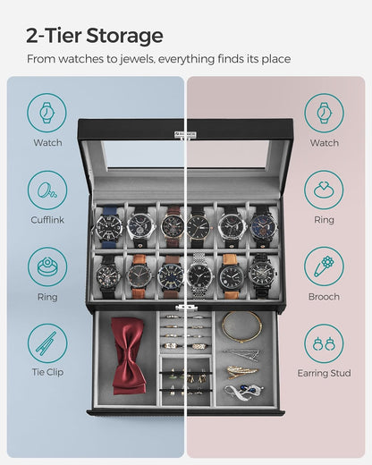 Watch Box, 12-Slot Watch Case Organizer with Large Glass Lid, 2 Layers, Removable Pillows, Metal Lock, Gift for Loved Ones, Black Synthetic Leather, Gray Lining UJWB012
