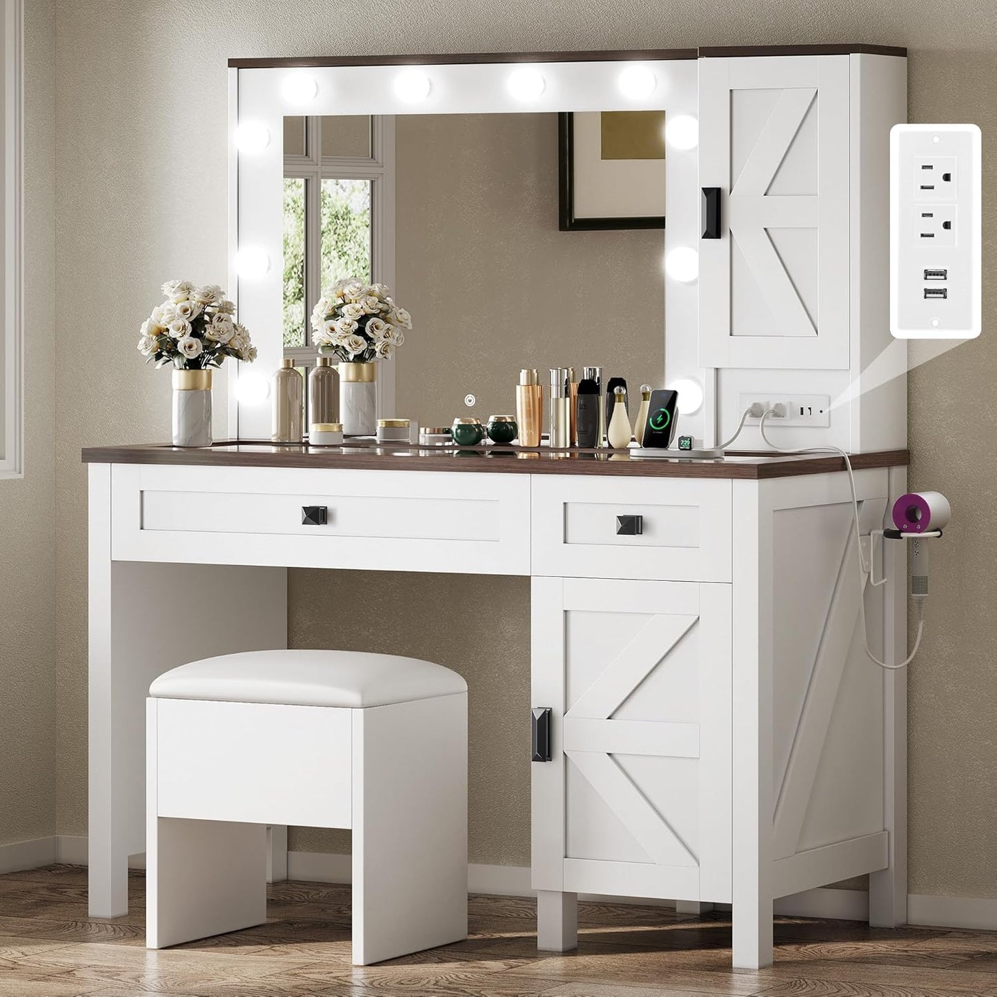 Farmhouse Vanity Desk with Light and Hollywood Makeup Mirror, Large Storage Space Vanity Set with 2 Drawers & 2 Cabinets, Dressing Table for Bedroom, Stool Included, White
