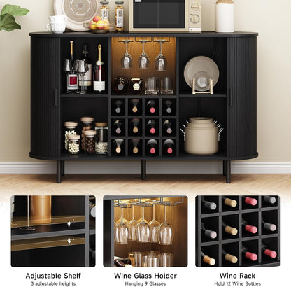 55" Wine Bar Cabinet with LED Light,Modern Liquor Whiskey Coffee Station with Wine Rack and Glass Holder, Farmhouse Buffet Sideboard with Storage for Living Room, Kitchen, Entryway (Black)