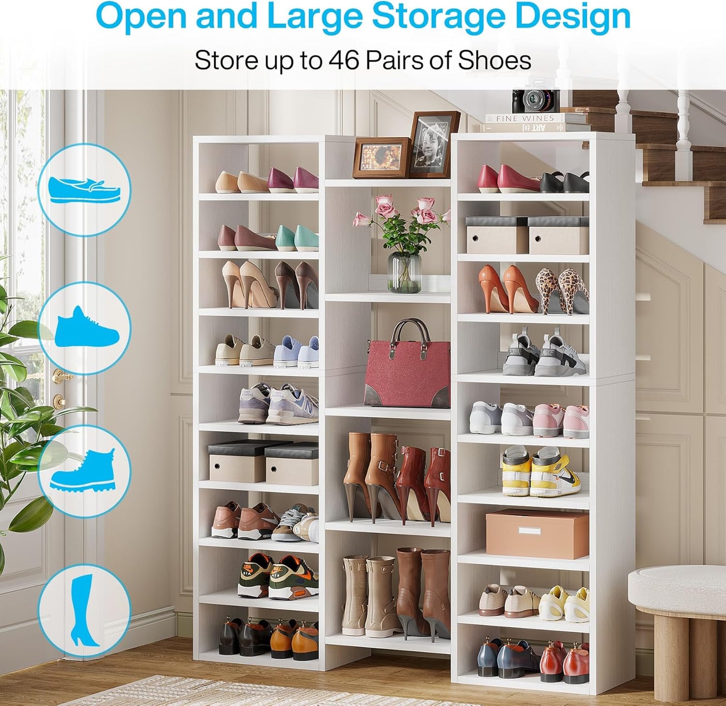 14-Tier Shoe Rack, White Shoe Storage Cabinet with 22 Open Cubbies, 46 Pairs Wide Entryway Shelf for Shoes, Modern Organizer for Closet Living Room Entryway Hallway