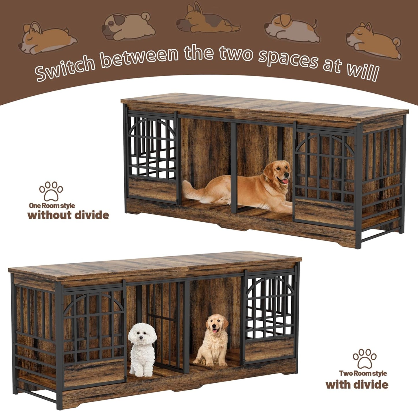 78 Inch Double Dog Crate Furniture, Extra Large Dog Kennel Indoor with Divider, Heavy Duty Dog Cage for 2 Dogs, Decorative Wooden Dog House Decorative Table TV Stand, Pet House for Xlarge Dogs,Brown
