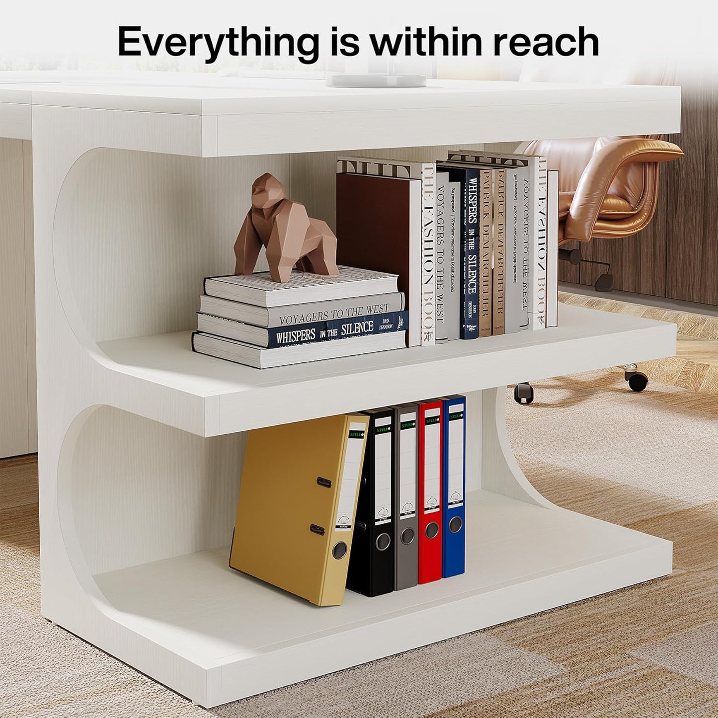 Modern Executive Office Desk, 63-Inch Large Computer Home Office Desk with Storage Shelves, Wood Study Writing Table, Workstation Business Furniture, White