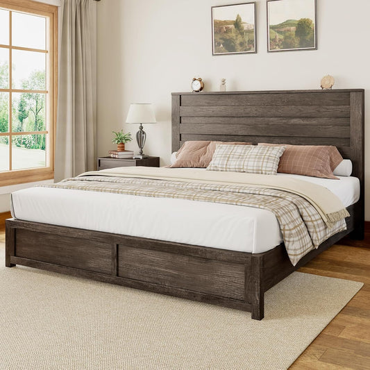 Full Size Farmhouse Bed Frame with 49" Headboard, Platform Bed Frame with Wood Slats Support/No Box Spring Needed/Easy Assembly, Rustic Grey