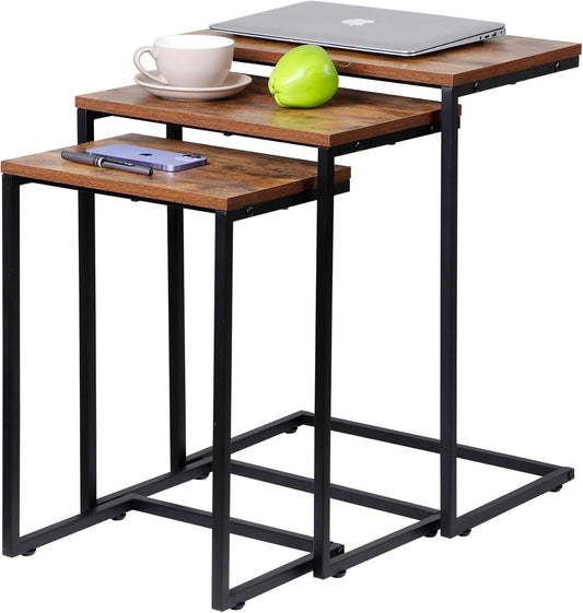 Nesting Tables Set of 3, Industrial C Shaped End Table Stackable Coffee Table Heavy Duty Metal Frame for Small Space, Living Room, Bedroom, Side Table Tray for Laptop Snack, Rustic Brown