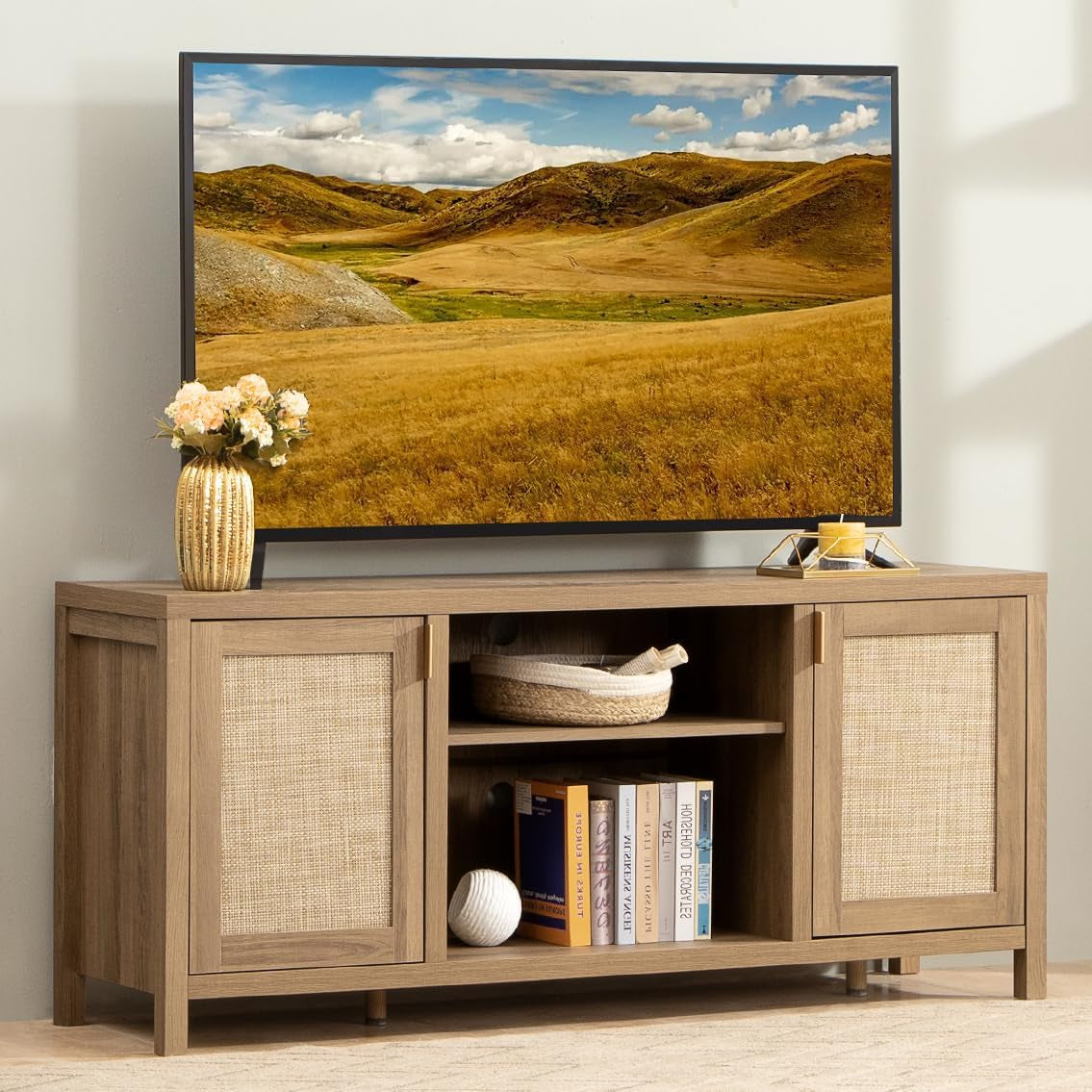 TV Stand for Living Room : Rattan TV Console Cabinet with Storage and Shelf, Boho Entertainment Center, 59" Media Console for 55, 65 Inch TV, 26" Tall Television Stands, Oak