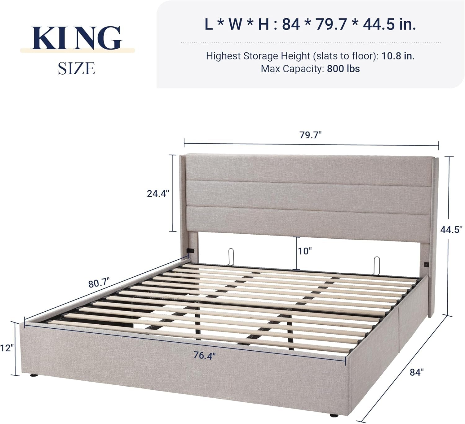 King Size Lift up Storage Bed, Modern Wingback Headboard, Hydraulic Support, No Box Spring Needed, Light Beige